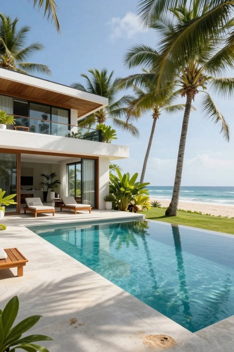 White modern two-story beachfront house with wood accents, open glass doors to pool deck with turquoise infinity pool, lounge chairs, tropical plants, palm trees, grass, and ocean view.