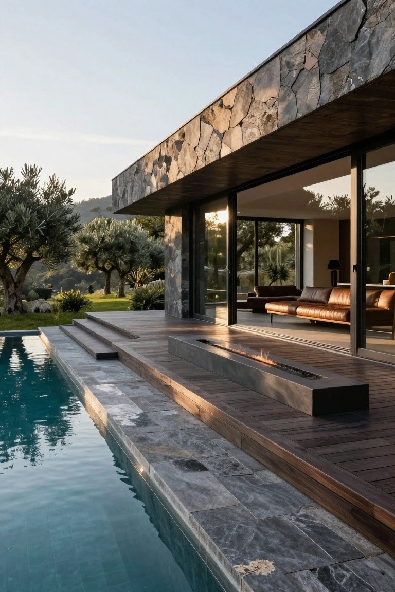 Wooden deck with embedded linear gas fire pit extending from glass doors of a stone-clad modern house, overlooking a pool with gray stone coping and steps, amid olive trees.