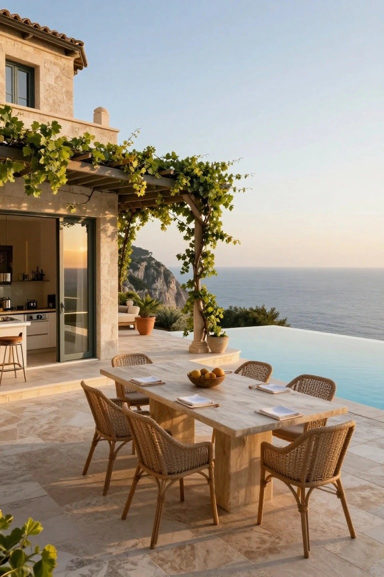Stone patio featuring a wooden dining table with rattan chairs under a pergola draped in green vines, next to an infinity-edge pool overlooking cliffs and the ocean, with open glass doors to a kitchen.