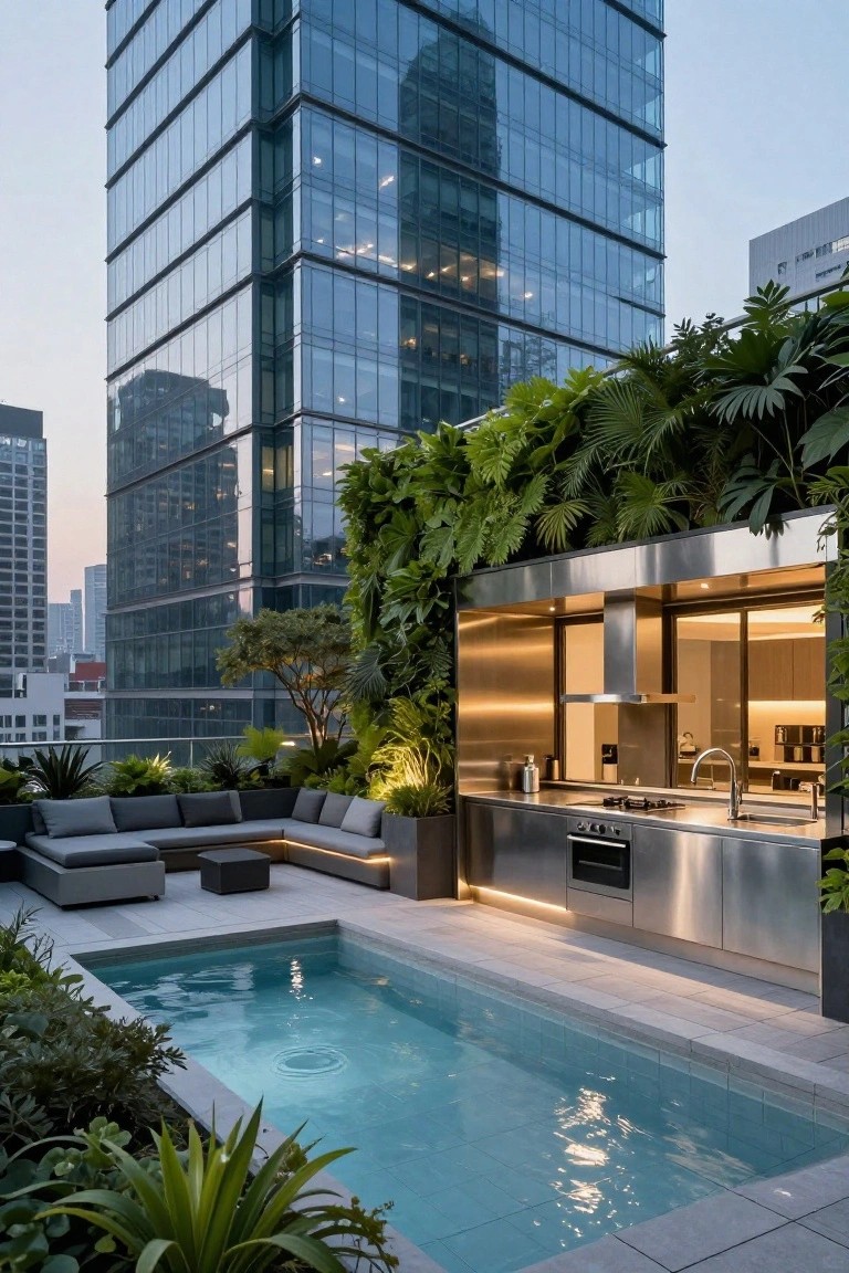 Rooftop terrace with stainless steel outdoor kitchen, L-shaped gray sofa, small rectangular turquoise pool, tropical plants, and surrounding glass skyscrapers at dusk.