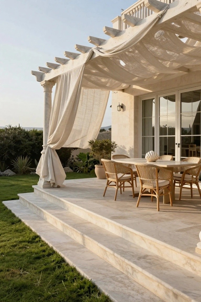 Beige stone terrace with wooden pergola draped in white fabric, rattan armchairs around a rectangular stone table with seashell centerpiece, potted plants nearby, steps leading to green lawn.