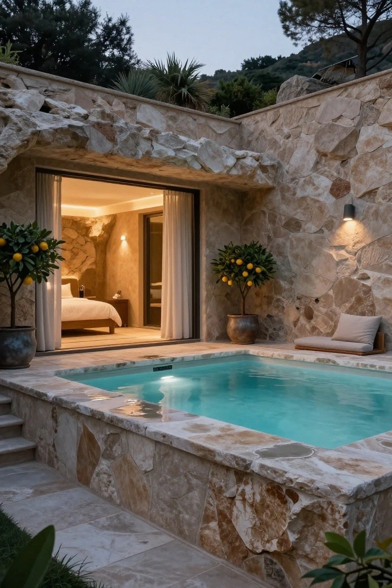 Stone exterior of a bedroom with open sliding glass doors adjacent to a small turquoise-lit plunge pool, potted lemon trees on either side, and rocky walls blending into a hillside landscape at dusk.