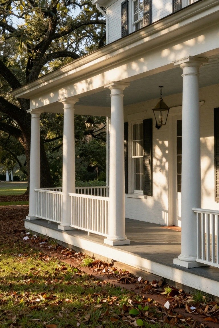 White clapboard mansion with wide front porch supported by tall fluted columns, shaded by large oak trees, black shutters on windows, and a hanging lantern.