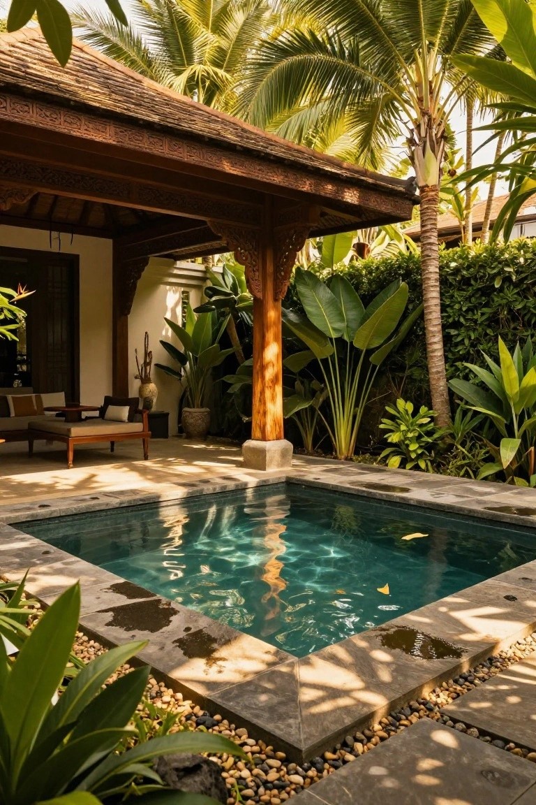 Small square plunge pool in a tropical courtyard with wooden pavilion, stone decking, lush plants, palms, and outdoor seating.