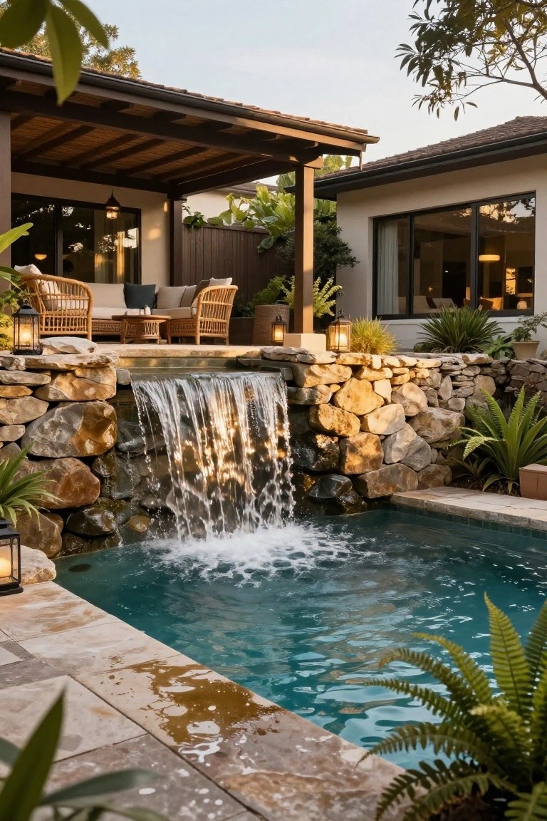 Small turquoise pool with water cascading from a stacked natural stone waterfall, surrounded by tropical plants, lanterns, and rattan furniture under a wooden pergola next to a modern house.
