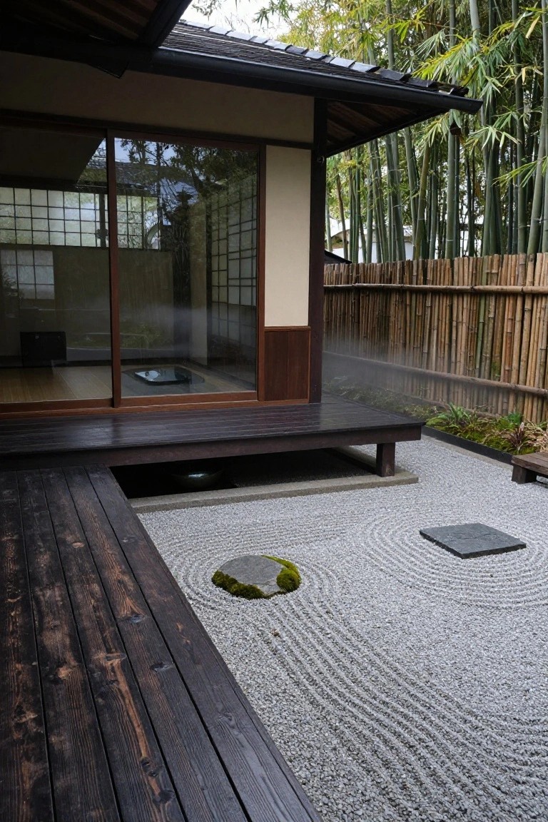 Japanese-style house exterior with wooden deck, sliding shoji doors, and adjacent zen rock garden of raked gravel, mossy rocks, and stone slabs, surrounded by bamboo fence and plants.