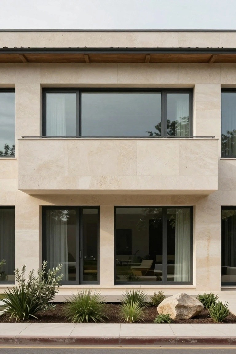 Two-story modern house with uniform beige stone cladding, black-framed windows and doors, wooden roof overhang, second-floor balcony, and front planting bed with succulents, olive branches, and a large boulder next to a sidewalk and street.