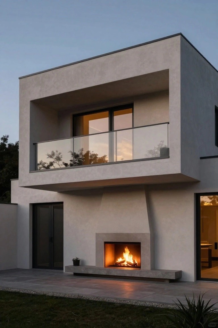 Gray stucco modern house exterior with cantilevered upper balcony, glass railing and doors, built-in outdoor fireplace with burning logs on concrete hearth, paved patio, grass yard, and plants at dusk.