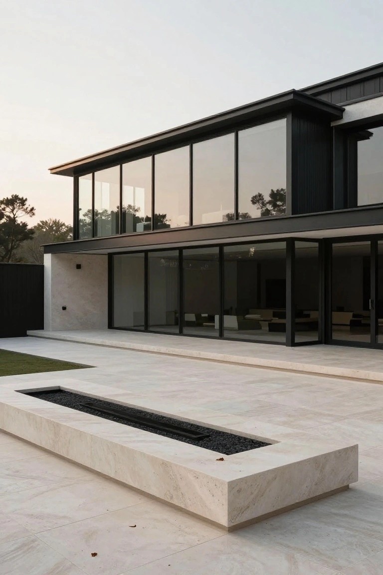 Modern minimalist house exterior with large black-framed glass walls and sliding doors opening onto a light stone patio with a long linear built-in fire pit filled with black rocks and small flames.