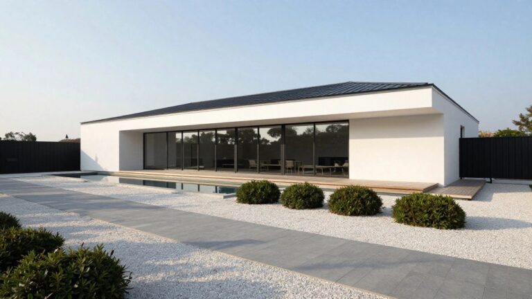 White modern house with black-framed windows and flat roof, wooden deck, gray stone pathway through white gravel garden beds planted with round boxwood shrubs, alongside a rectangular pool.