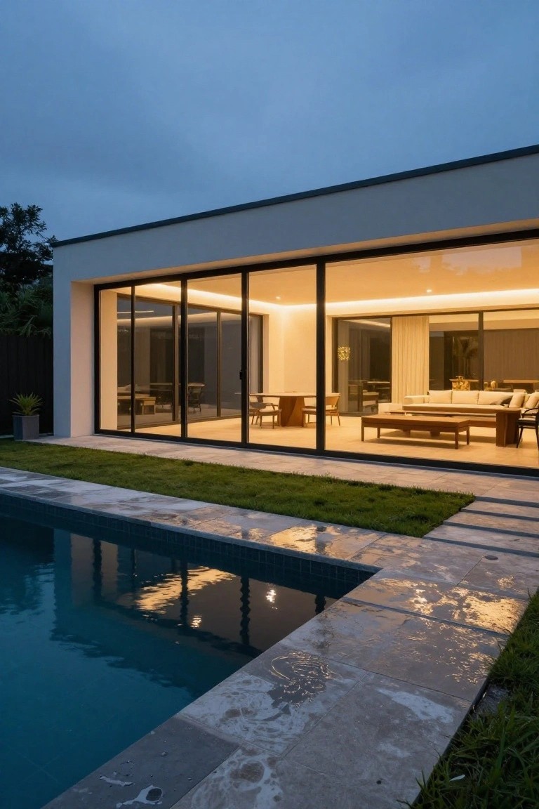 Modern white house exterior at dusk with large sliding glass doors beside an infinity-edge pool on a travertine deck, grass lawn, and potted plants nearby.