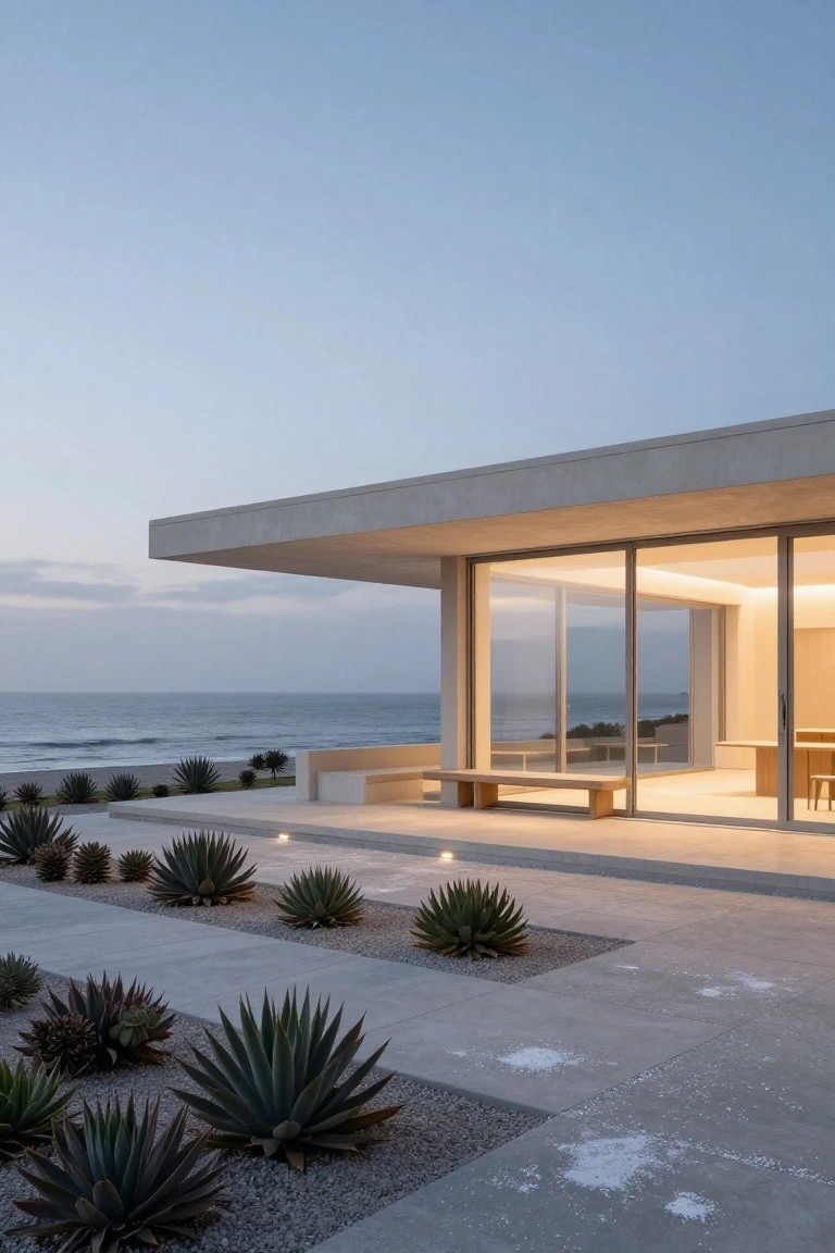 Modern concrete house exterior at dusk with overhanging roof, large glass walls opening to ocean-view terrace, gravel ground planted with agave succulents, and wooden bench.
