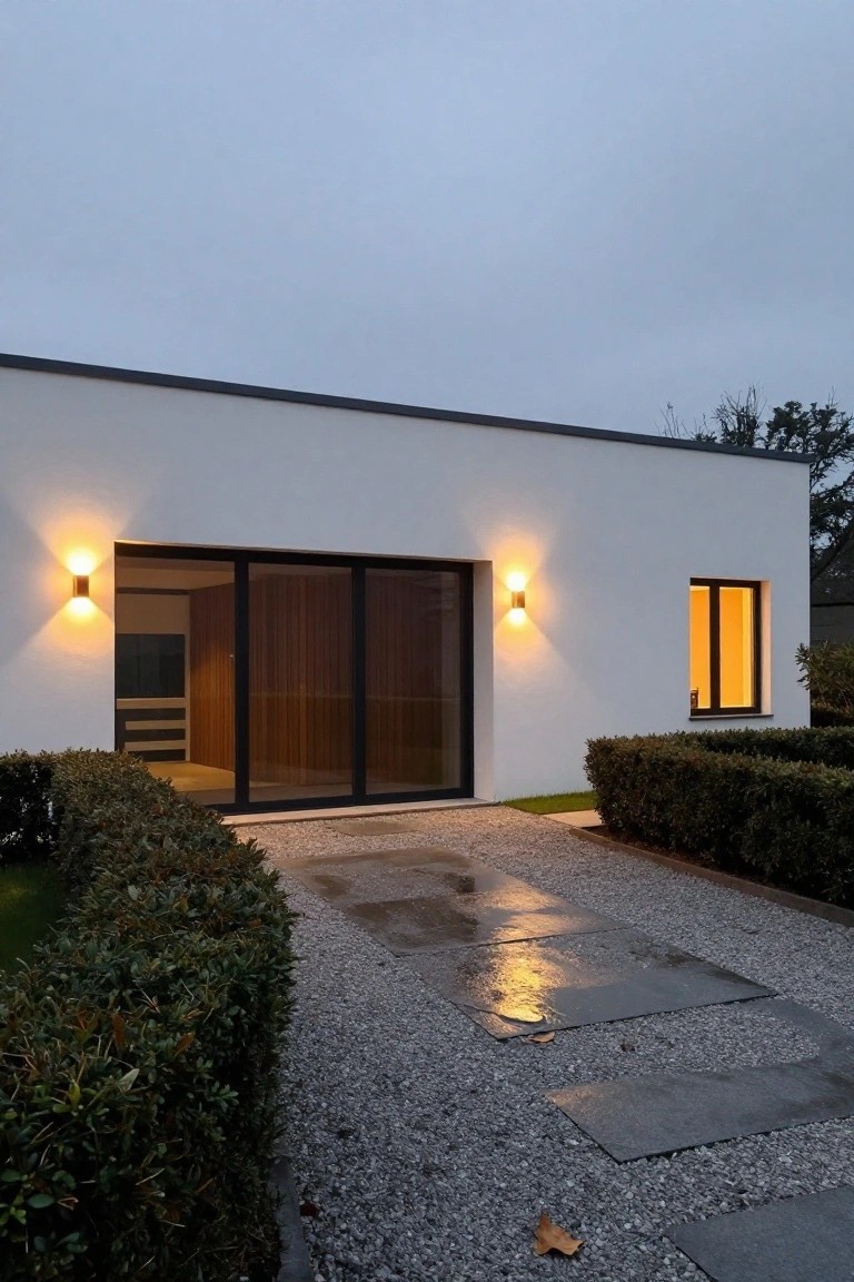 White modern house exterior featuring large black-framed sliding glass doors lit by wall-mounted lights, with a gravel pathway containing rectangular stone slabs bordered by boxwood hedges.