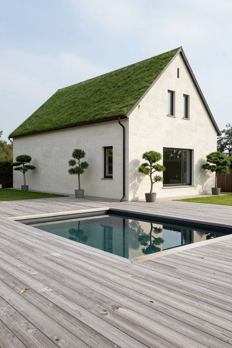 White stone house with grass-covered sloped roof, large black-framed windows, potted cloud-pruned trees along one side, wooden deck, and rectangular in-ground pool.