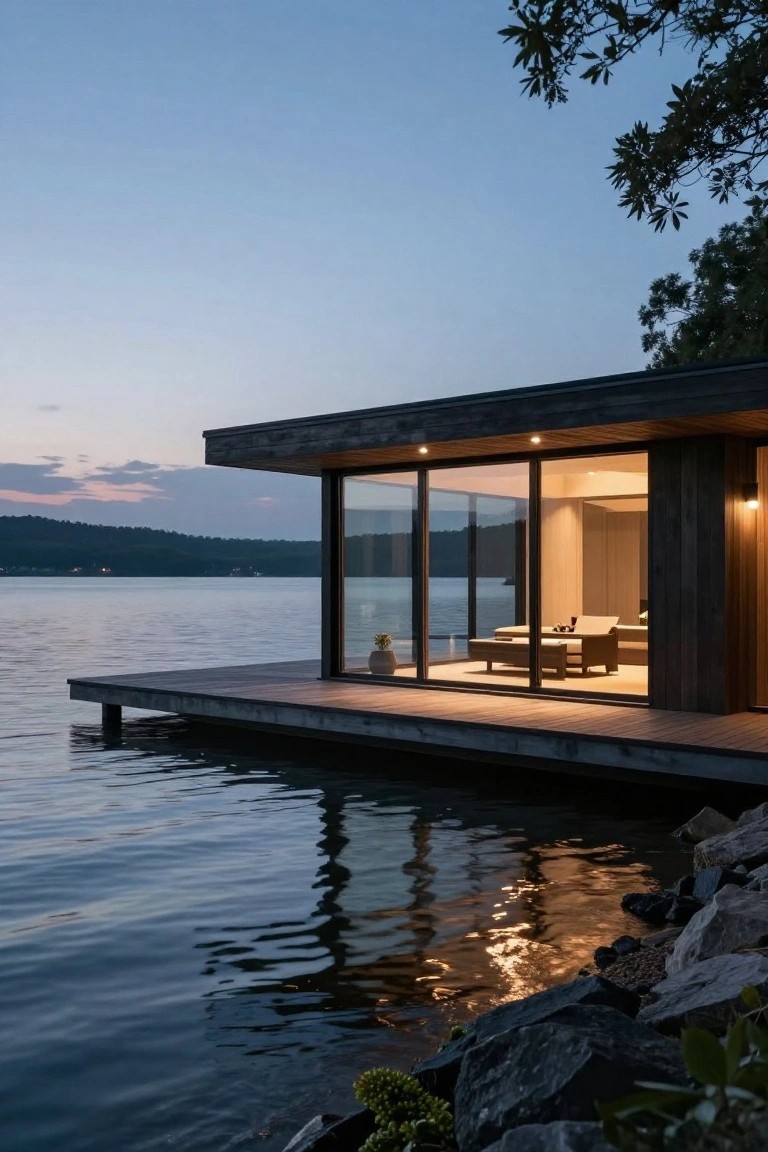 Contemporary low-profile wooden cabin with large glass walls and warm interior lighting built on a pier extending over a calm lake at dusk, with rocky shoreline, trees, and distant hills.
