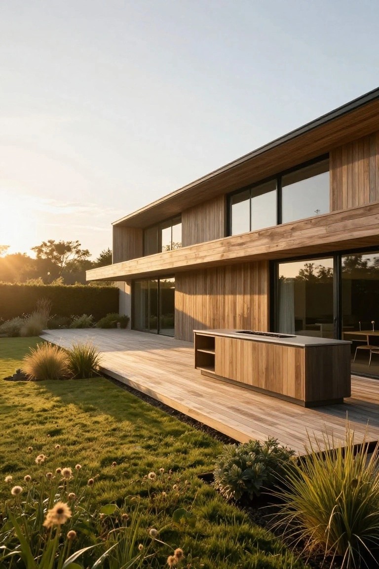 Side view of a modern house clad in vertical wooden boards with large sliding glass doors opening onto a wooden deck that includes a built-in wooden cabinet with stone countertop and sink, surrounded by low hedges and grassy landscaping at sunset.