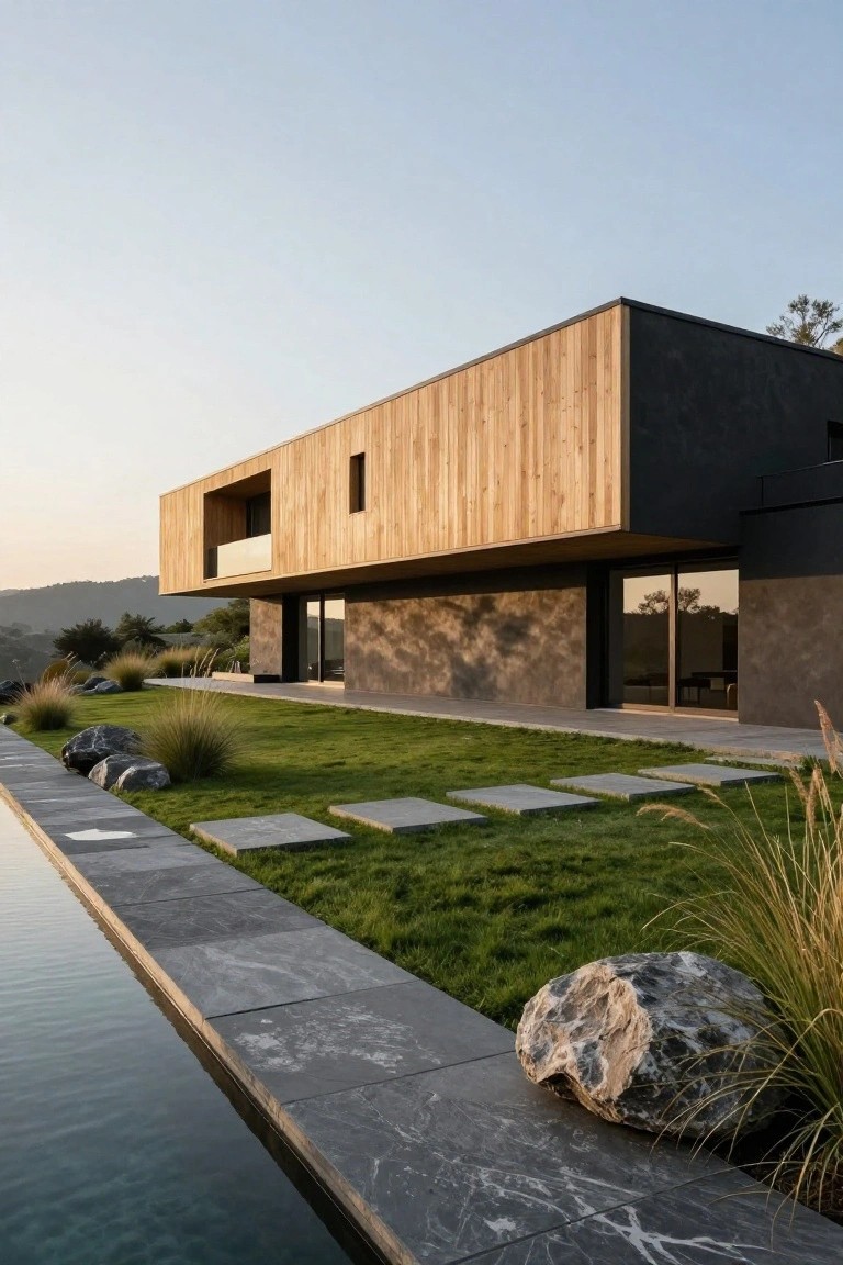 Modern two-story home with wood and concrete beside a pool.