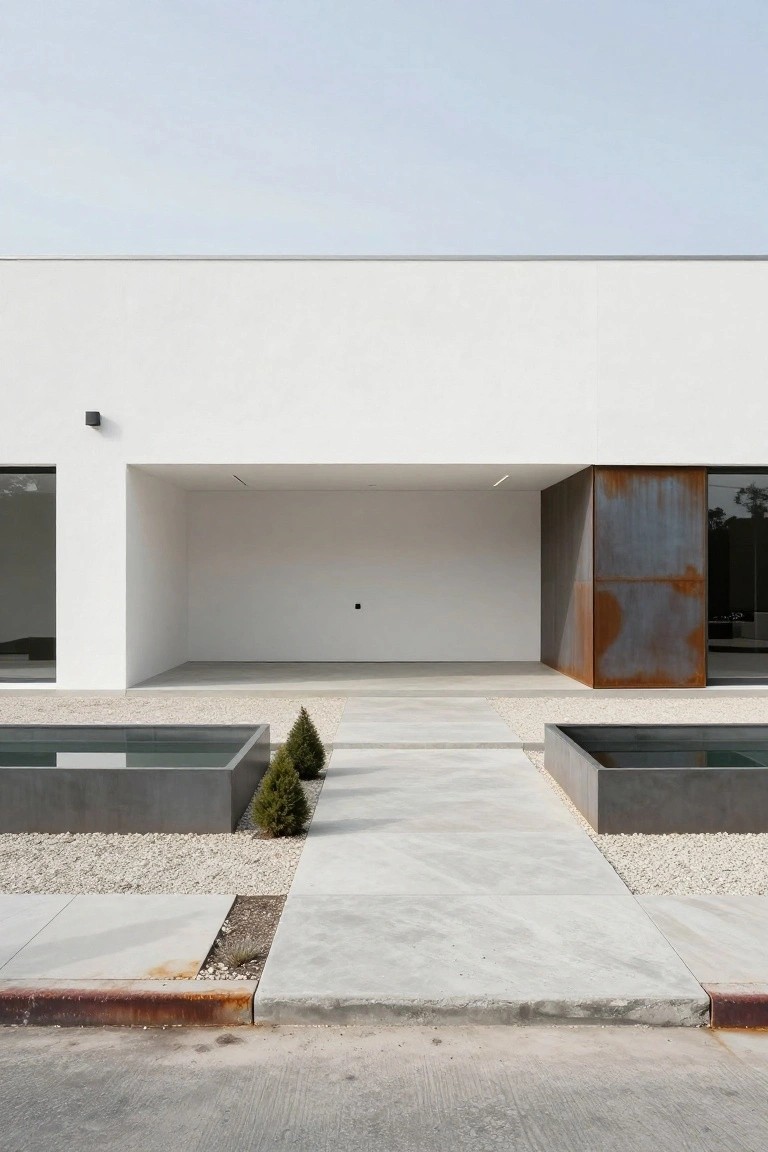 Modern white house with recessed open entry, rusted metal panel, large windows, concrete path from street flanked by two narrow rectangular water features filled with water, gravel beds, and small conifer trees.