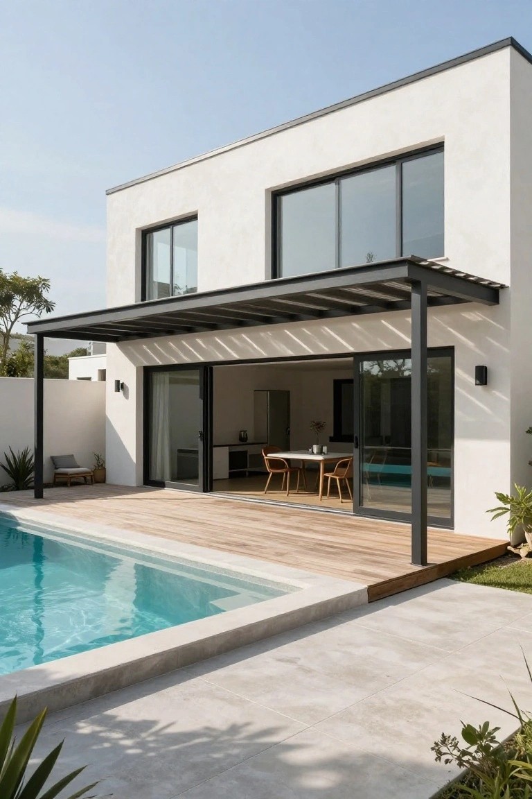 Modern white house with pool, patio, and open sliding glass doors.
