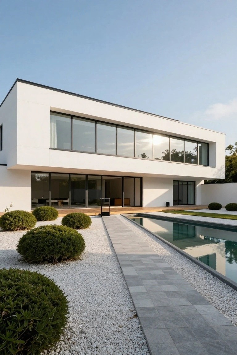 White modern house with black-framed windows and flat roof, wooden deck, gray stone pathway through white gravel garden beds planted with round boxwood shrubs, alongside a rectangular pool.