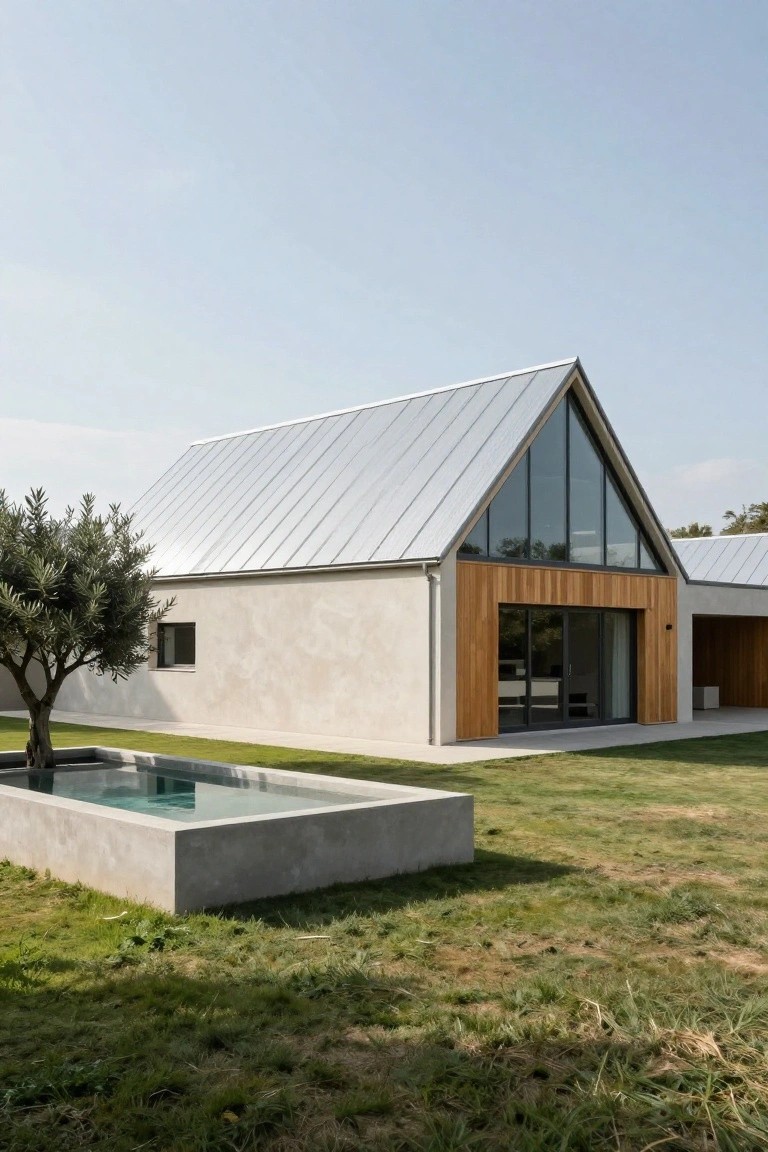 White stucco house with silver standing seam metal gable roof, large triangular black-framed window, vertical wooden cladding at entry door, small rectangular concrete plunge pool, olive tree, and grassy yard.
