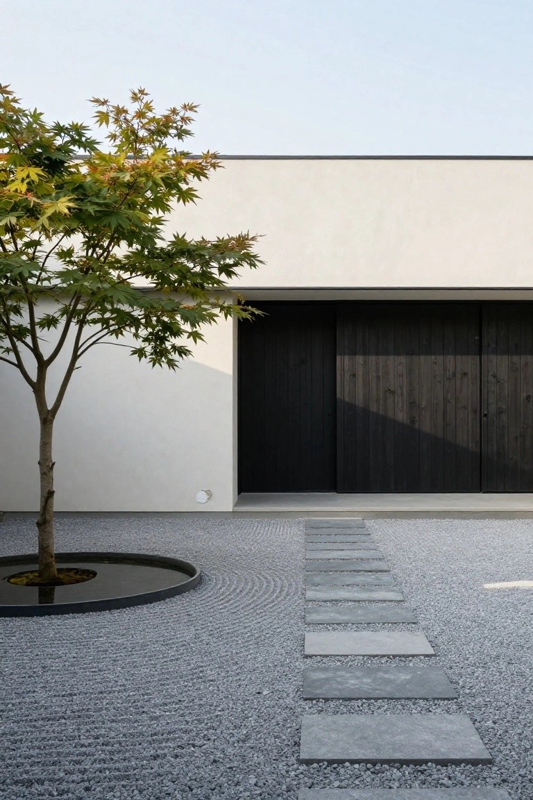 White minimalist house facade with black sliding doors, Japanese maple tree in black-rimmed circular pool amid raked gray gravel, and gray stone slabs forming a path.