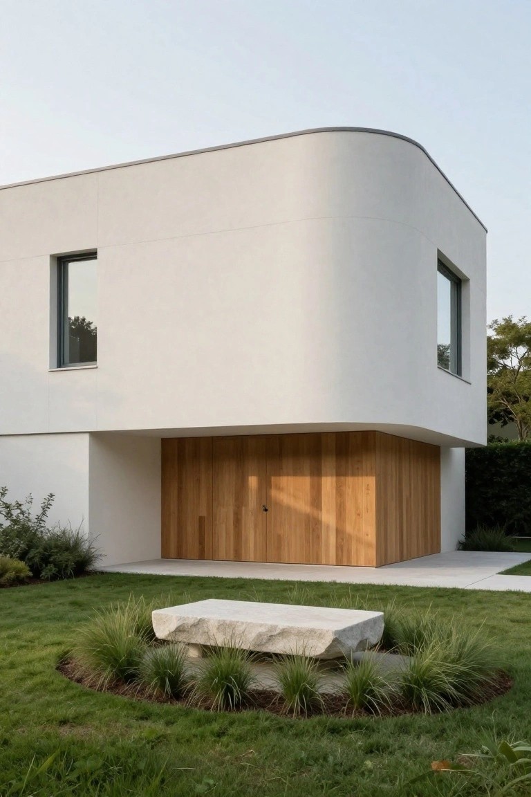 White modern house with curved walls, slim black-framed window, vertical wood garage door, and a large rectangular stone slab in a circular grass bed with ornamental grasses on a green lawn.