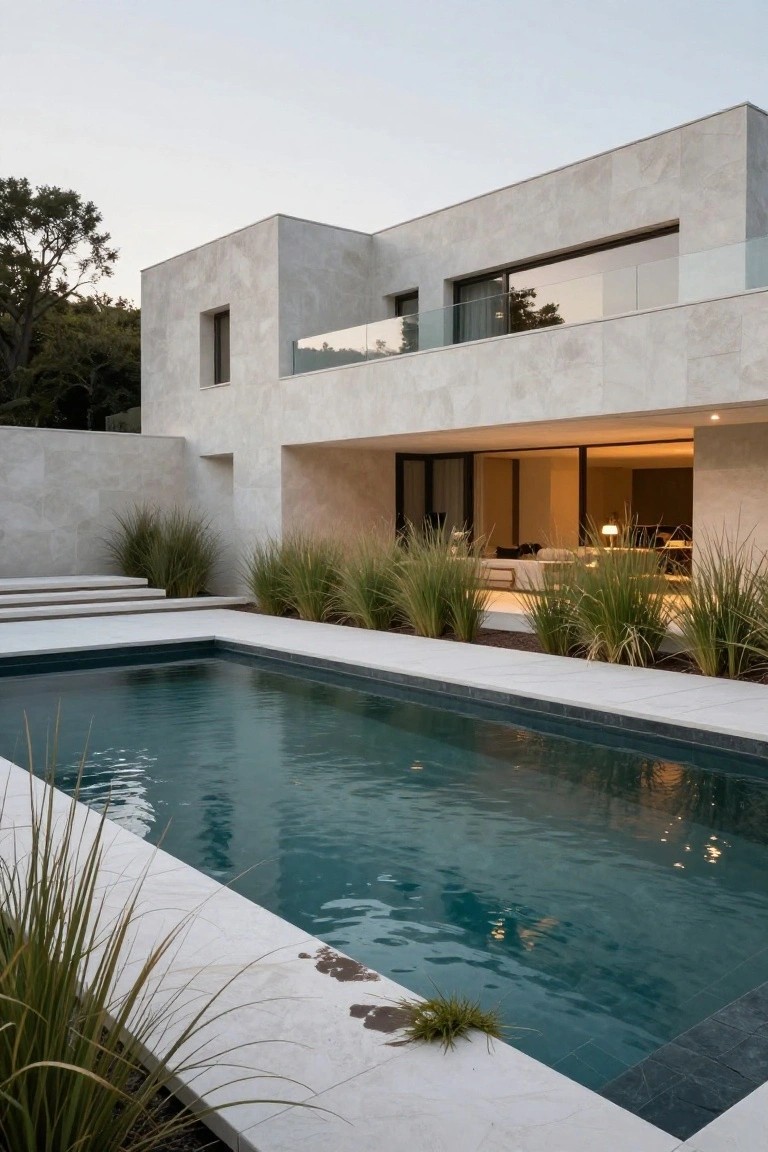 Modern house exterior with light stone walls, large glass doors and windows, glass balcony railing, steps, rectangular pool with dark edges on white stone decking, surrounded by tall grasses, trees in background at dusk.