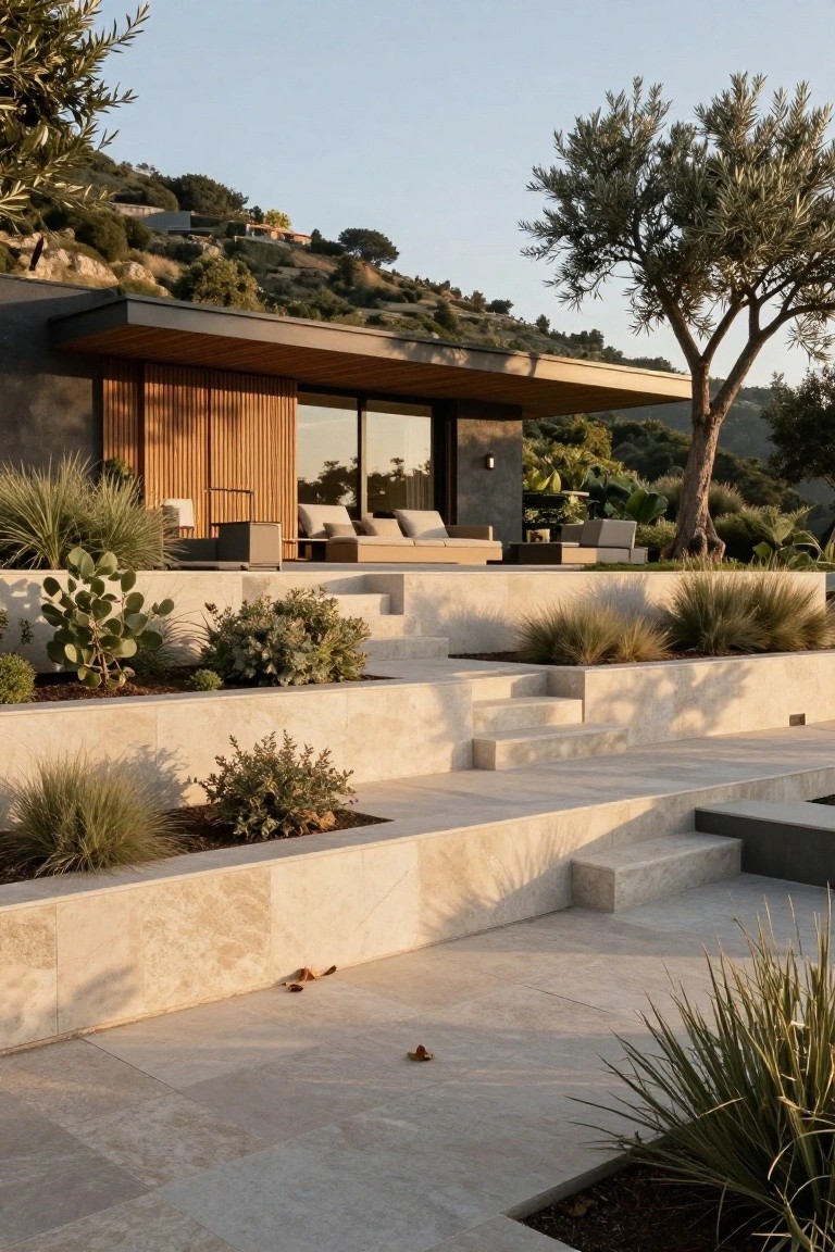 Modern minimalist house on a hillside with wooden slatted facade, large glass windows, terraced beige stone steps and retaining walls integrated with planters of grasses, succulents, and cacti, plus outdoor lounge seating.