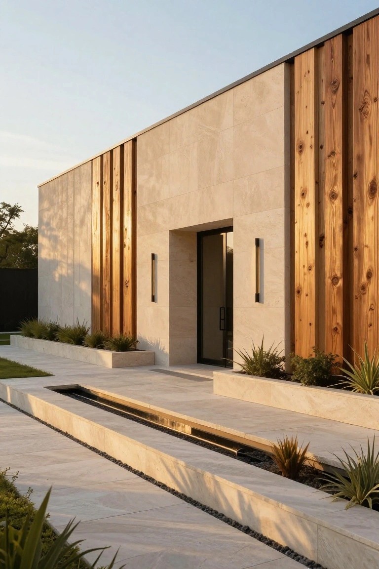 Beige stone house exterior with vertical wooden slats flanking a black-framed glass entry door, linear water channel in the stone pathway, and agave plants in raised planters.