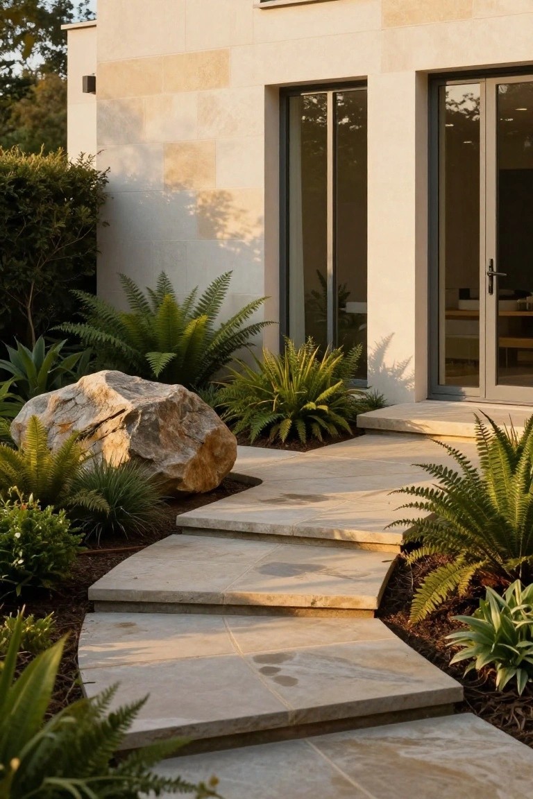 Curved pathway of beige stone slabs leading to large glass doors on a light stone house wall, bordered by ferns, agaves, and a large boulder in a landscaped garden.