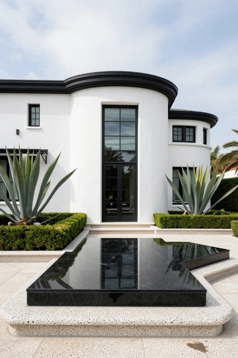 White stucco modern house with black trim and curved corner, flanked by agave plants and boxwood hedges, large glass entry doors, and a rectangular black marble reflecting pool on stone pavers in front.