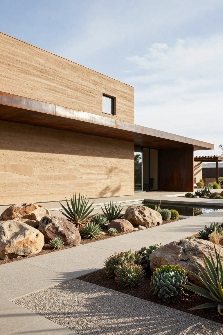 Beige textured wall house exterior with rusted metal overhang above glass entry doors, large boulders, agave and succulent plants, gravel paths, concrete walkways, and a narrow reflecting pool in desert landscaping.