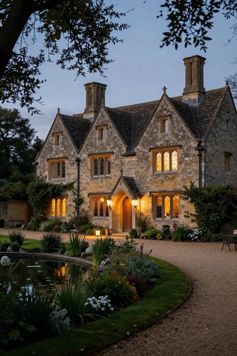Stone manor house with gabled roof, arched entry door, and glowing windows at dusk, fronted by gravel path, garden beds, plants, and a pond with reflections.
