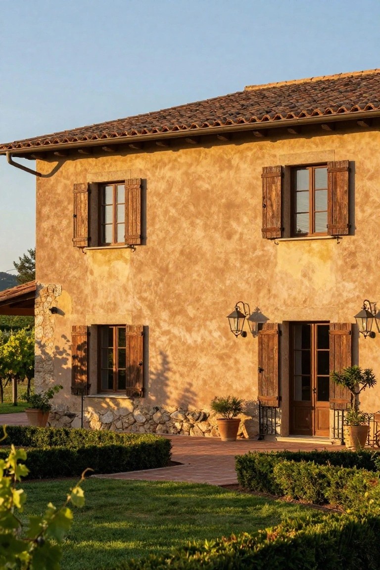 Ochre stucco two-story house with terracotta tile roof, wooden shutters on windows, lantern-lit wooden entry door, stone base, boxwood hedges, potted plants, brick path, and grape vines in a garden setting at sunset.