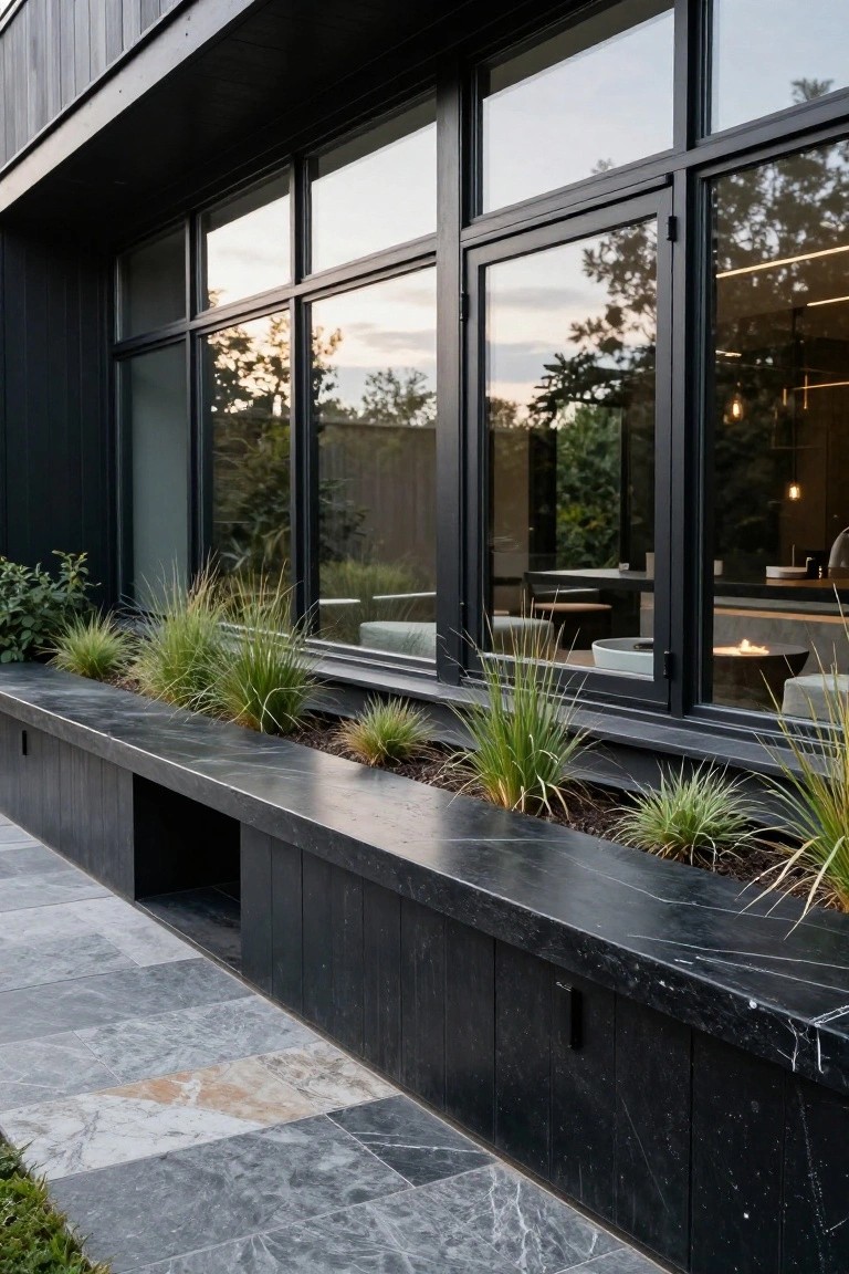 Modern home exterior with black-framed windows and stone planter bench.