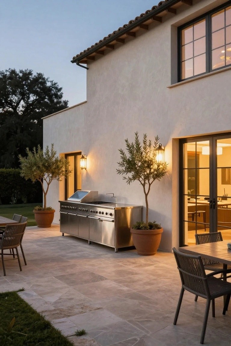 Modern beige stucco house exterior at dusk with a patio of light stone tiles, stainless steel built-in outdoor kitchen island, potted olive trees, wall lanterns, glass doors to indoor kitchen, and outdoor dining table with chairs.