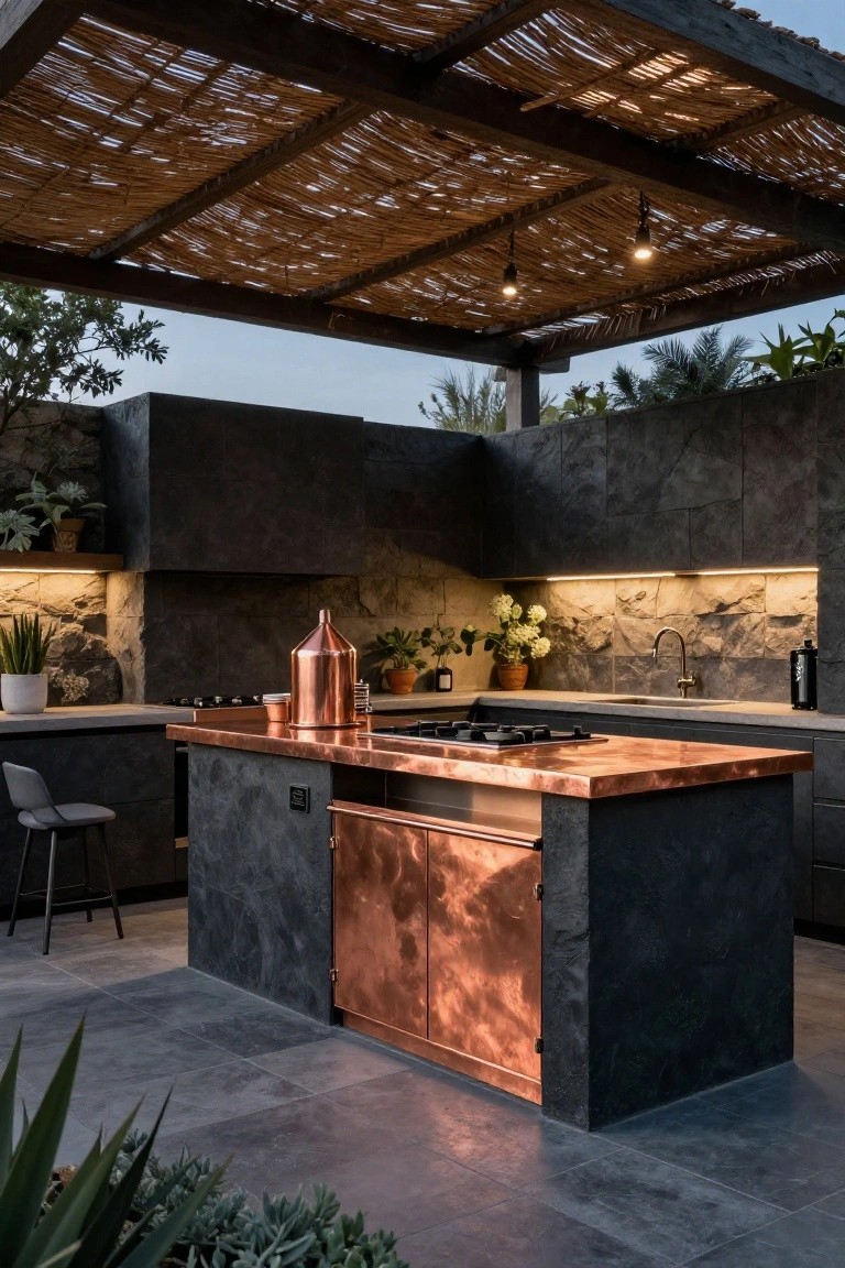 Outdoor kitchen with copper countertop island, copper cabinet doors, dark gray cabinets and walls, stone backsplash, plants, under thatched pergola with hanging lights.