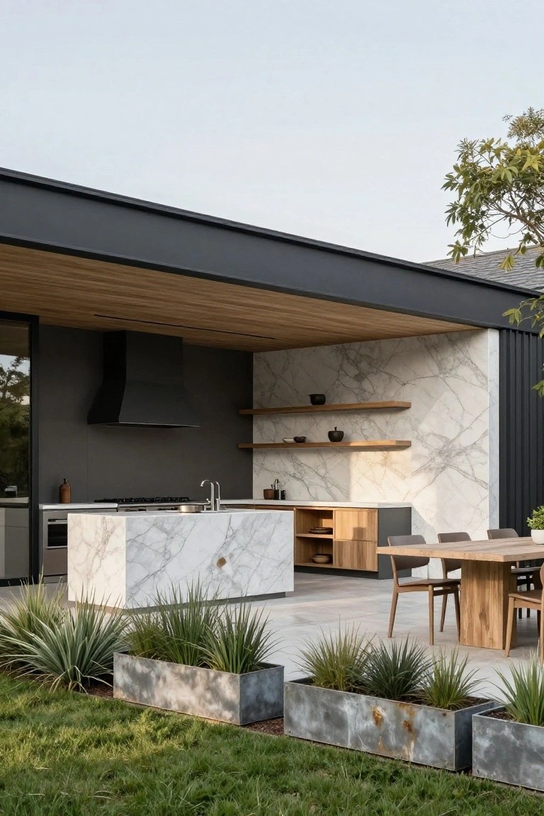 Modern covered outdoor kitchen with white marble island and backsplash, black range hood, wood-beamed ceiling, wooden shelves with pottery, wooden dining table with chairs, and agave plants in metal planters next to lawn, attached to dark house exterior.