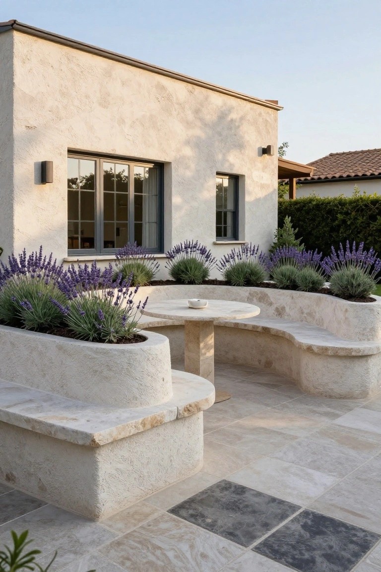 Modern patio with curved stone bench, round table, and blooming lavender.