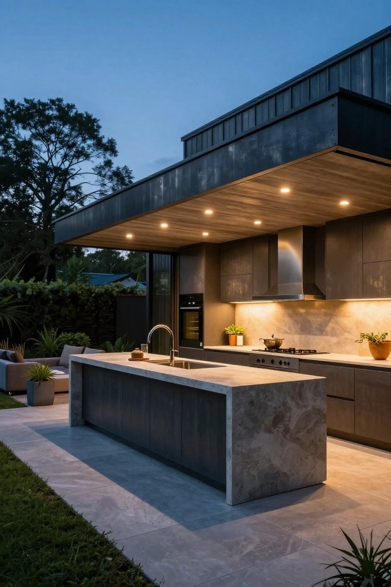 Outdoor kitchen featuring dark cabinets, large stone island with sink, cooktop, and range hood under a timber-lined covered patio with recessed lights, surrounded by pavers, plants, and lawn at dusk.