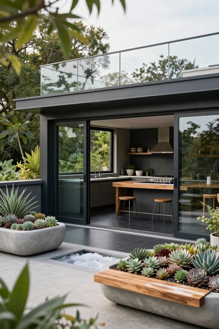 Modern kitchen interior visible through fully open black-framed sliding glass doors to a concrete patio with large gray planters of succulents, a rectangular bubbling water feature edged in wood, and surrounding tropical plants.