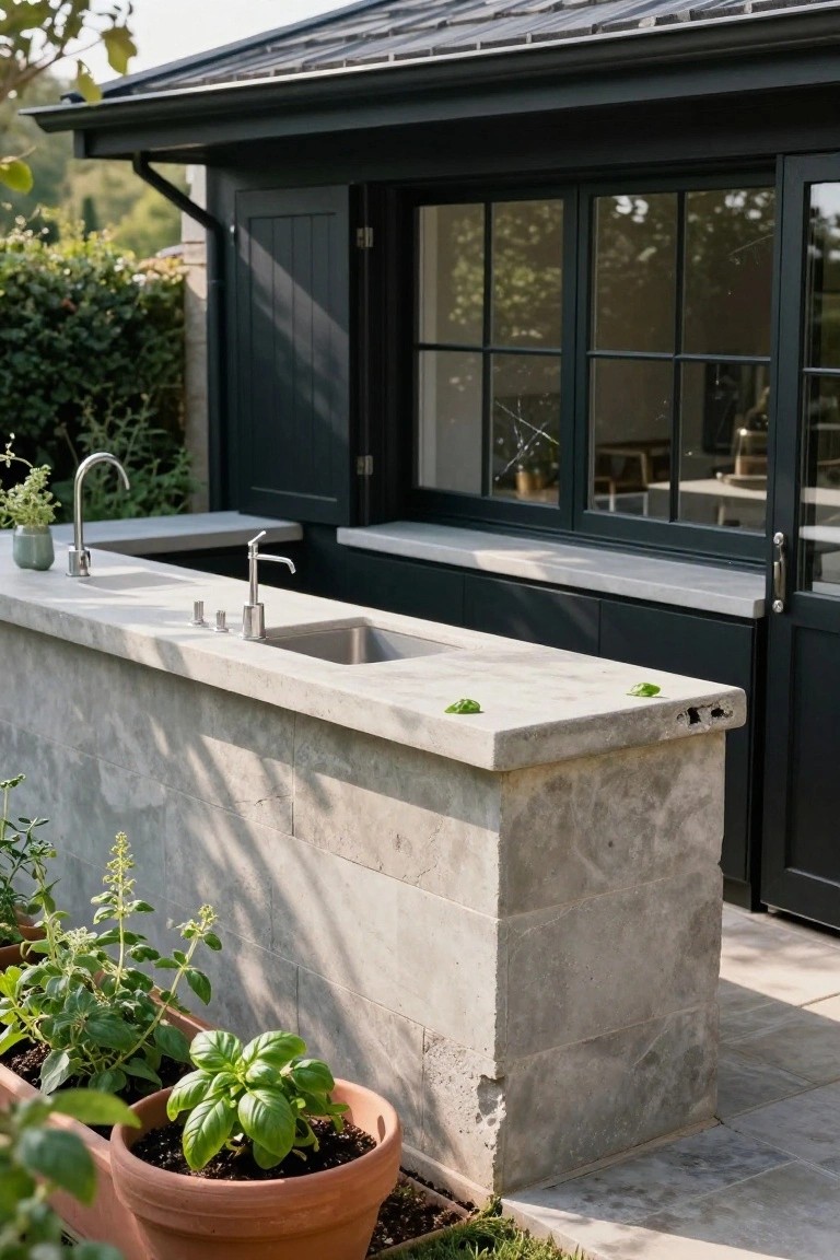 Modern black wooden garden shed with large glass doors and an adjacent outdoor stone countertop featuring a stainless steel sink, faucet, and soap dispenser, surrounded by potted herbs including basil on a tiled patio.