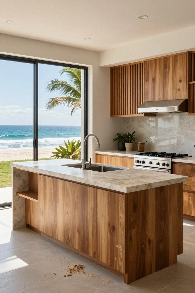 Modern kitchen interior with teak wood cabinets, white marble island and counters, stainless appliances, and floor-to-ceiling glass doors opening to a sunny beachfront with ocean waves, palm trees, and grass lawn.
