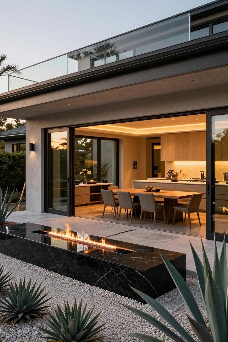 Modern stucco house exterior with open sliding glass doors from kitchen to stone patio, black marble linear fire pit along edge, agave plants in gravel bed, and wooden dining table visible inside.