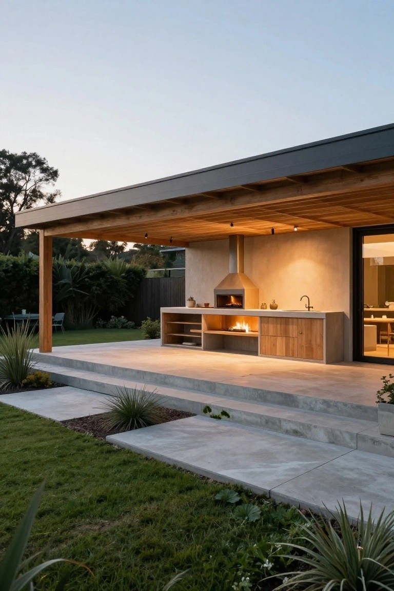 Outdoor kitchen under a wooden pergola with built-in wood-fired oven, concrete countertop, wood cabinets and shelving, stainless chimney, adjacent to house with glass door, concrete deck steps to lawn and plants at dusk.
