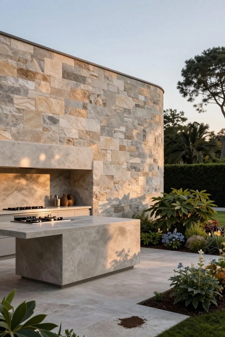 Outdoor kitchen with gas cooktop recessed into a beige stacked-stone wall and matching stone island counter, surrounded by potted plants, garden beds, and travertine paving.