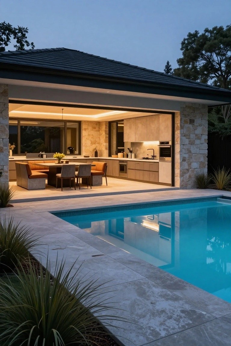 Modern outdoor kitchen with beige cabinetry and stone walls opens to a pool deck with travertine pavers, orange seating, and grasses along the edge at dusk.
