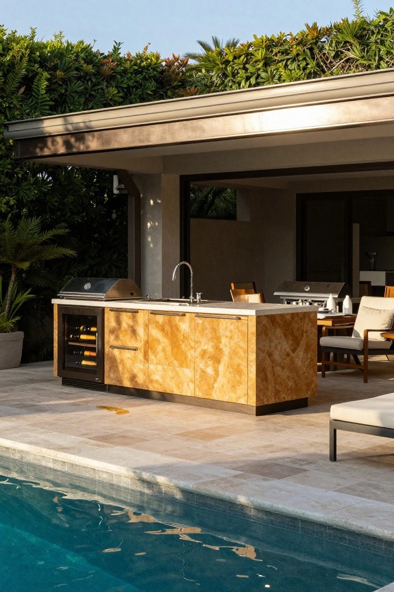 Modern outdoor kitchen island with two built-in grills, sink, wine cooler, and cabinets in warm marbled wood finish beside a pool, with tropical plants, chairs, and lounge nearby.
