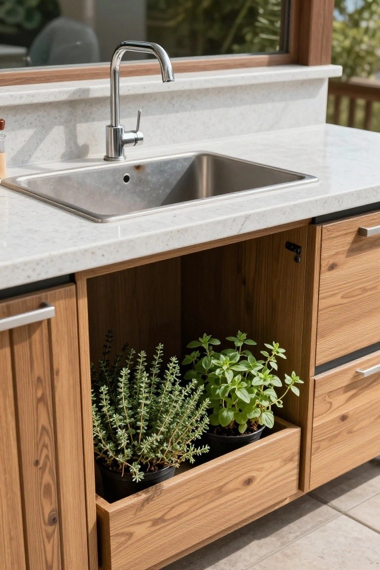 Close-up view of an outdoor kitchen sink area with stainless steel sink on white quartz countertop and wooden cabinets below holding potted thyme and basil plants on a deck.